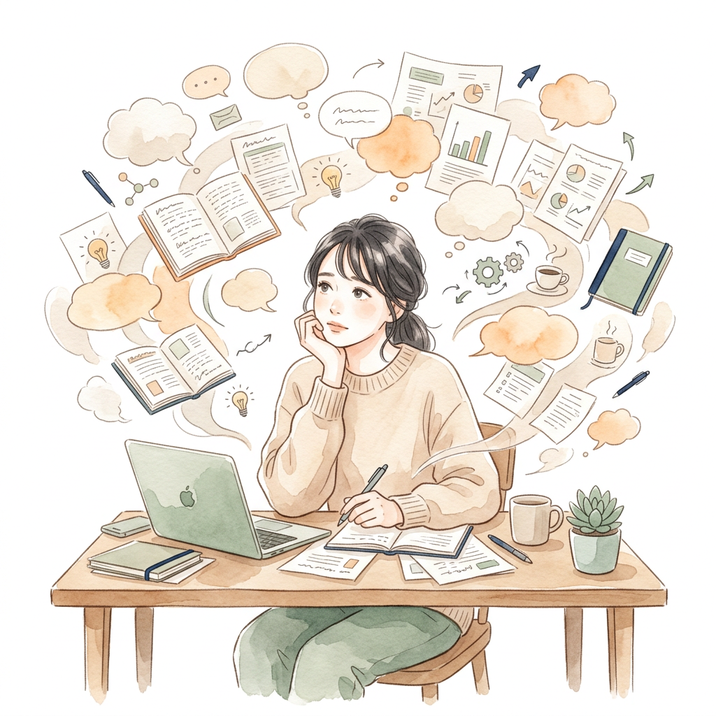 アイデアが散らかって困っている女性のイラスト